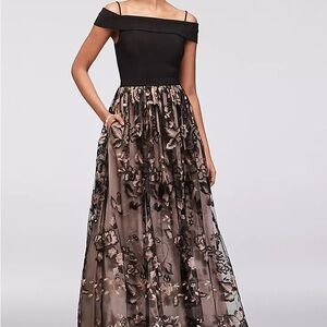 NIGHTWAY Embroidered Off-the-Shoulder Mesh and Jersey Gown